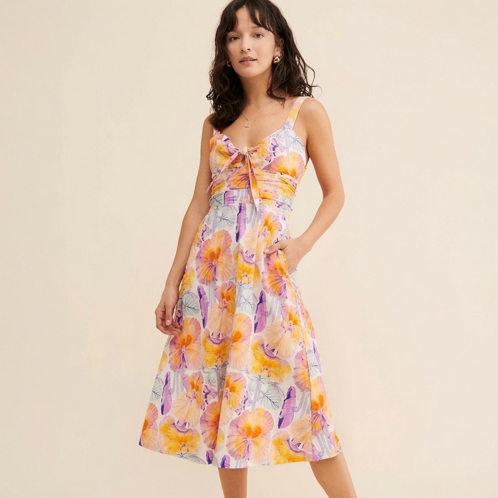 Cecilia Pettersson Anthropologie Tie-Front Floral Midi‎ Dress Pansy Print Size 8